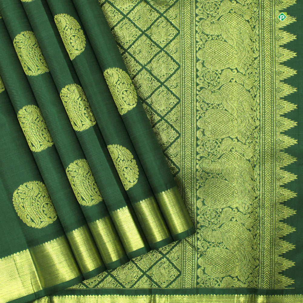 Forest Green Colour Big Chakra Inside Peacock And Floral Motifs Traditional Silks Saree