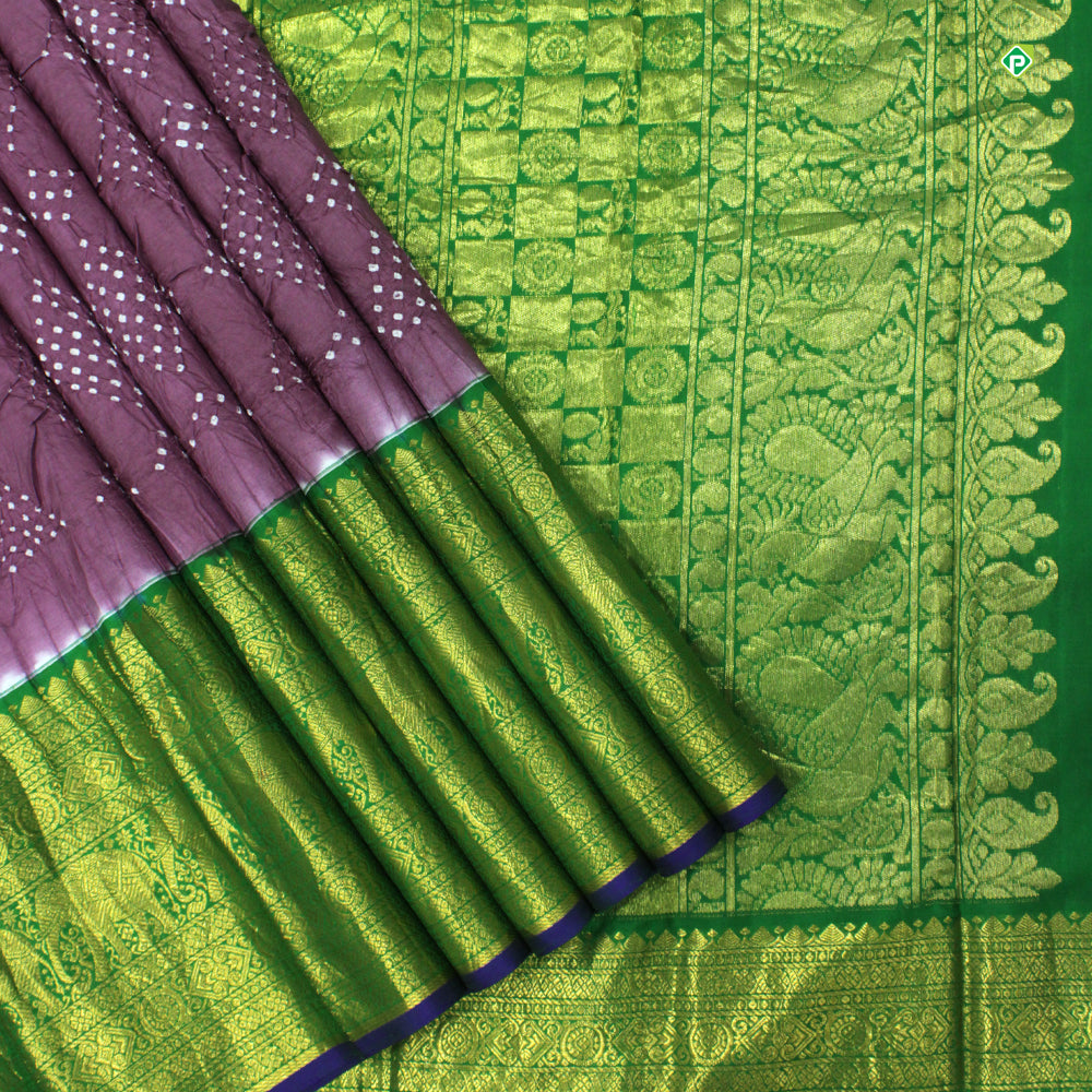 Lavendar Pink With Forest Green Pure Kanchi  Bhandhini Silks Saree