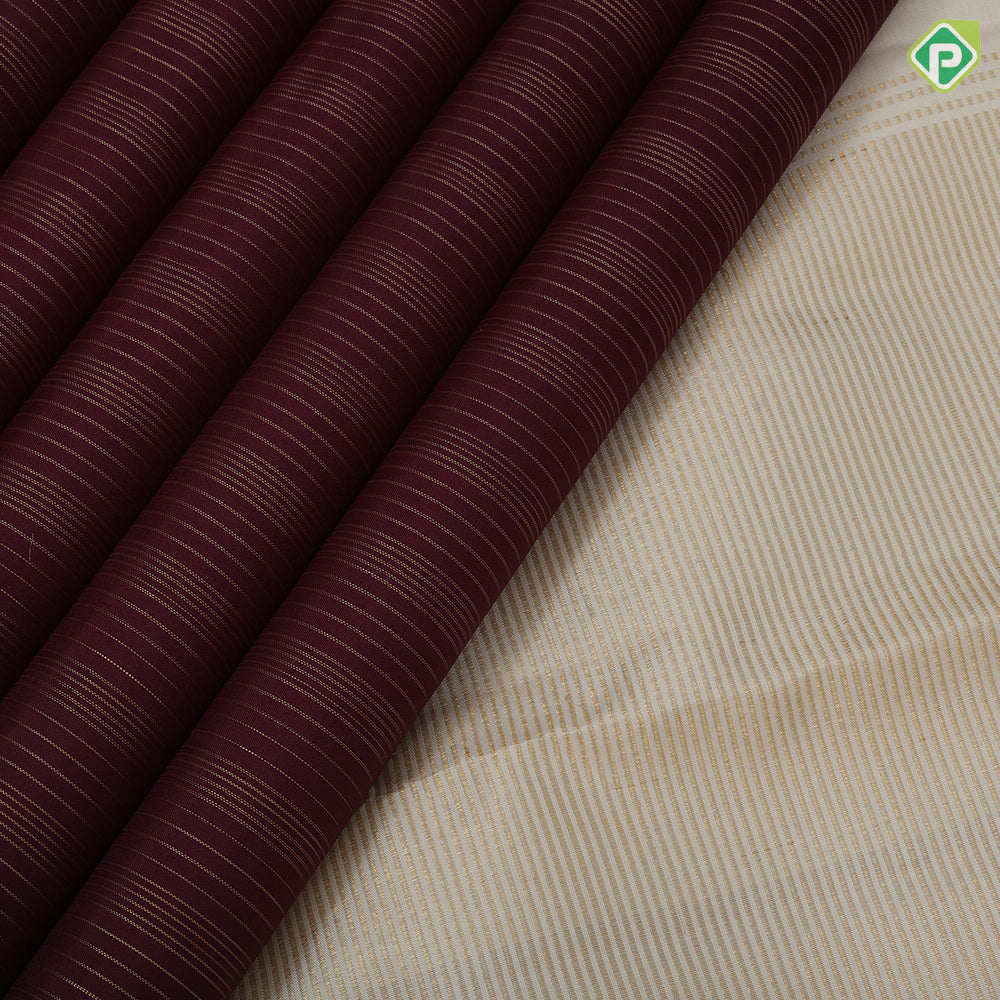 Brownish maroon gold zari vairaoosi lines design contrast milk white gold zari peacock butta border traditional vintage silk saree