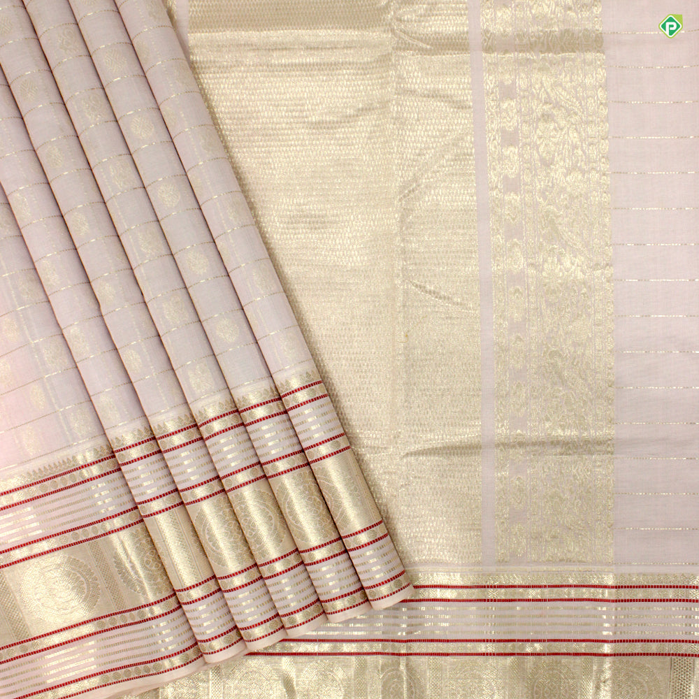Baby Pink With Silver Zari Checked Peacock Chakram Motifs Kuppadam Silk Cotton Sarees