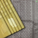 Cream Sandal Checked Silver and Gold Zari Leaves Border Pure Kora Silk Saree