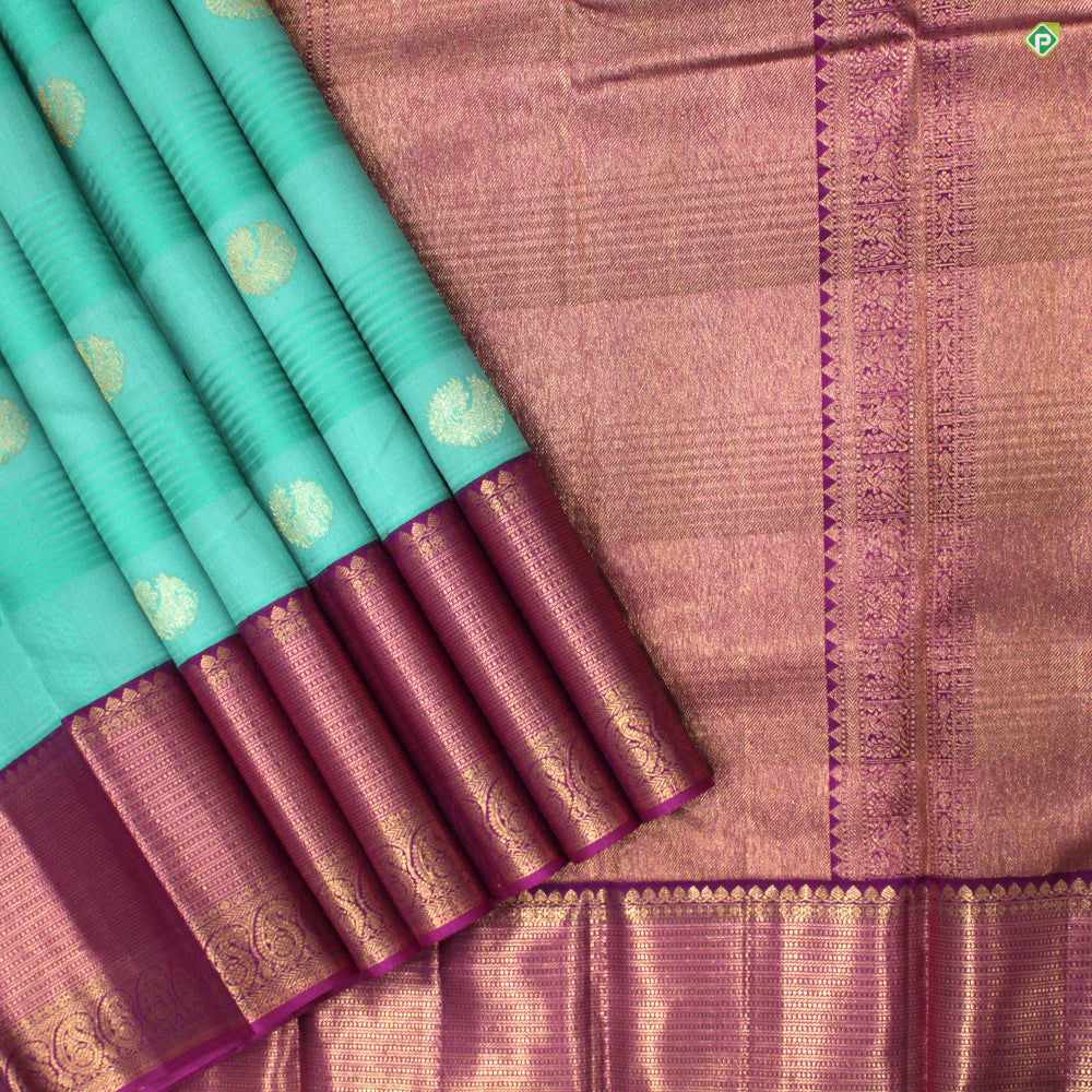 Sea Green With Peacock Motifs Pink Embossed Mango And Button Zari Border Pure Linen Silk Saree