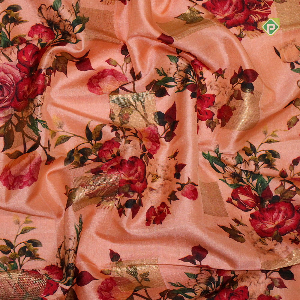 Peach Pink Gold And Silver Zari Plain Border Pure Printed Saree