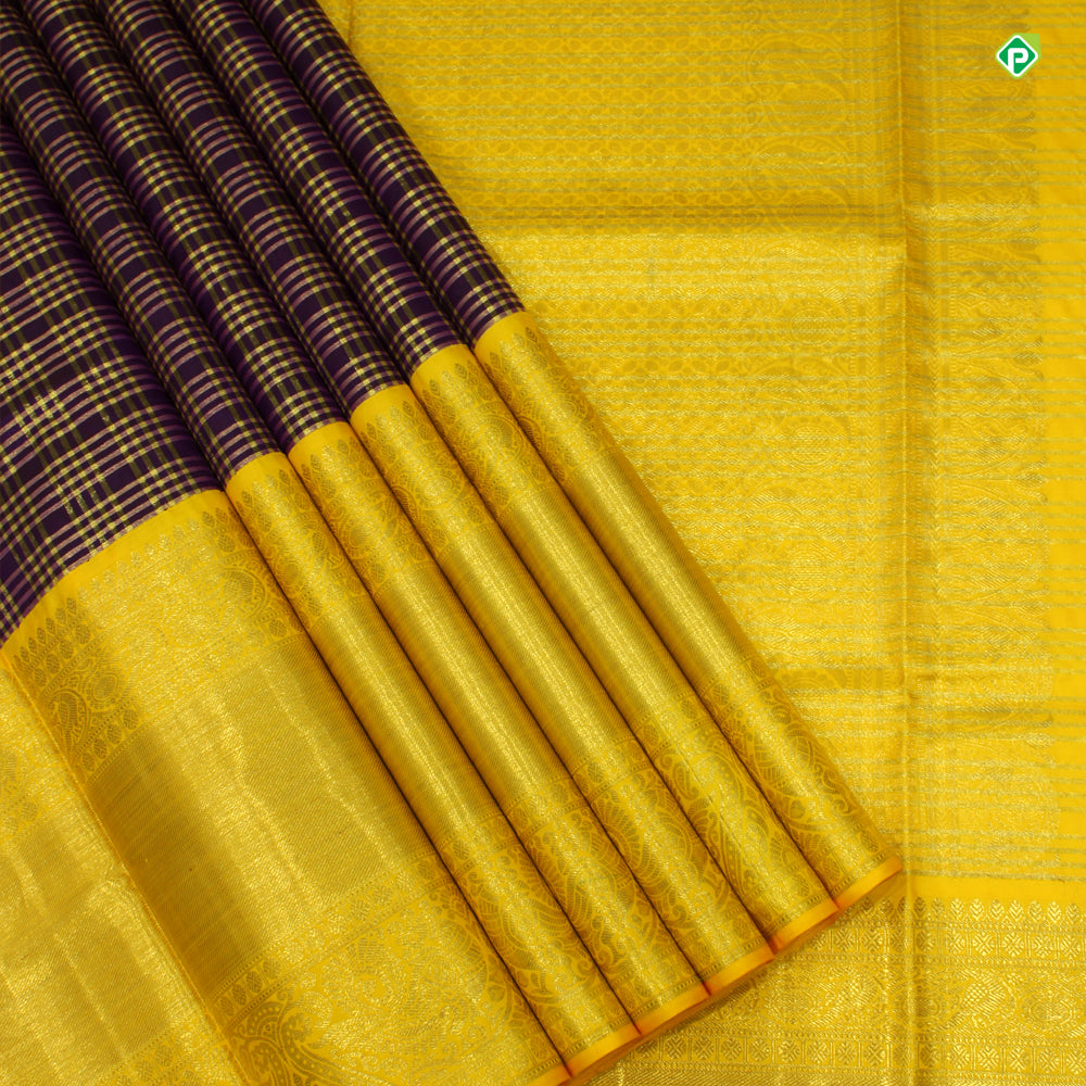 Fandango Violet With Corn Yellow Cross Zari Checks Bridal Silks Saree