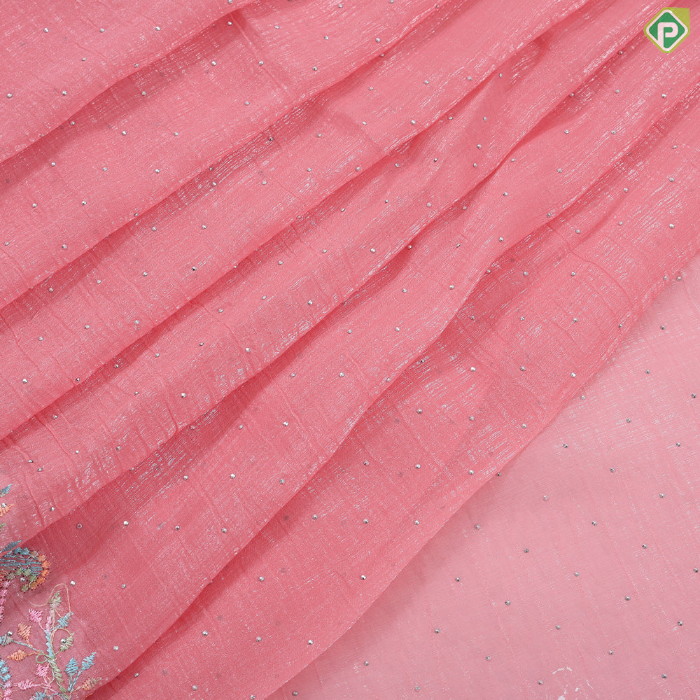 Baby pink tissue effect chamki work design self multi color embroidered cut work border Hollywood fancy saree