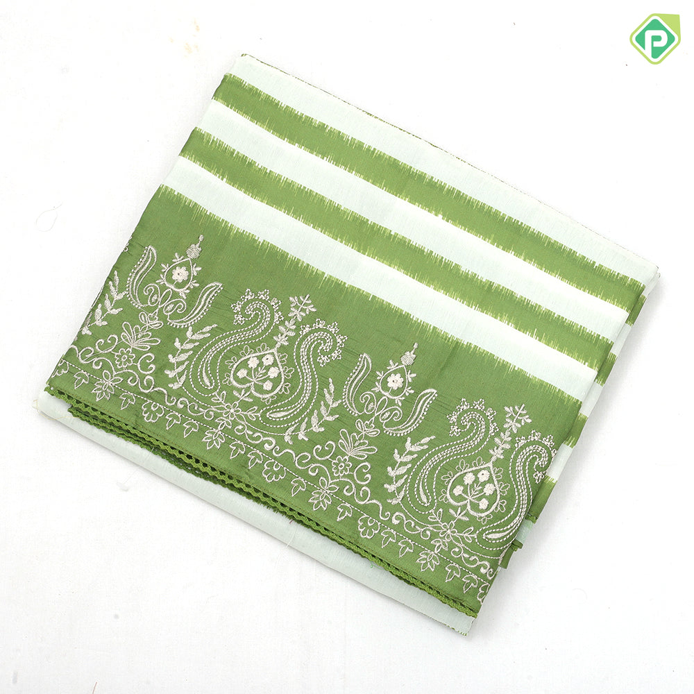 Pastel color base white track lines self embroidery border dola fancy silk saree