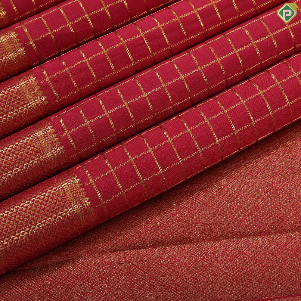 Tomato red gold zari kattam checkered design self gold zari mayikan border madisar 9 yards silk saree