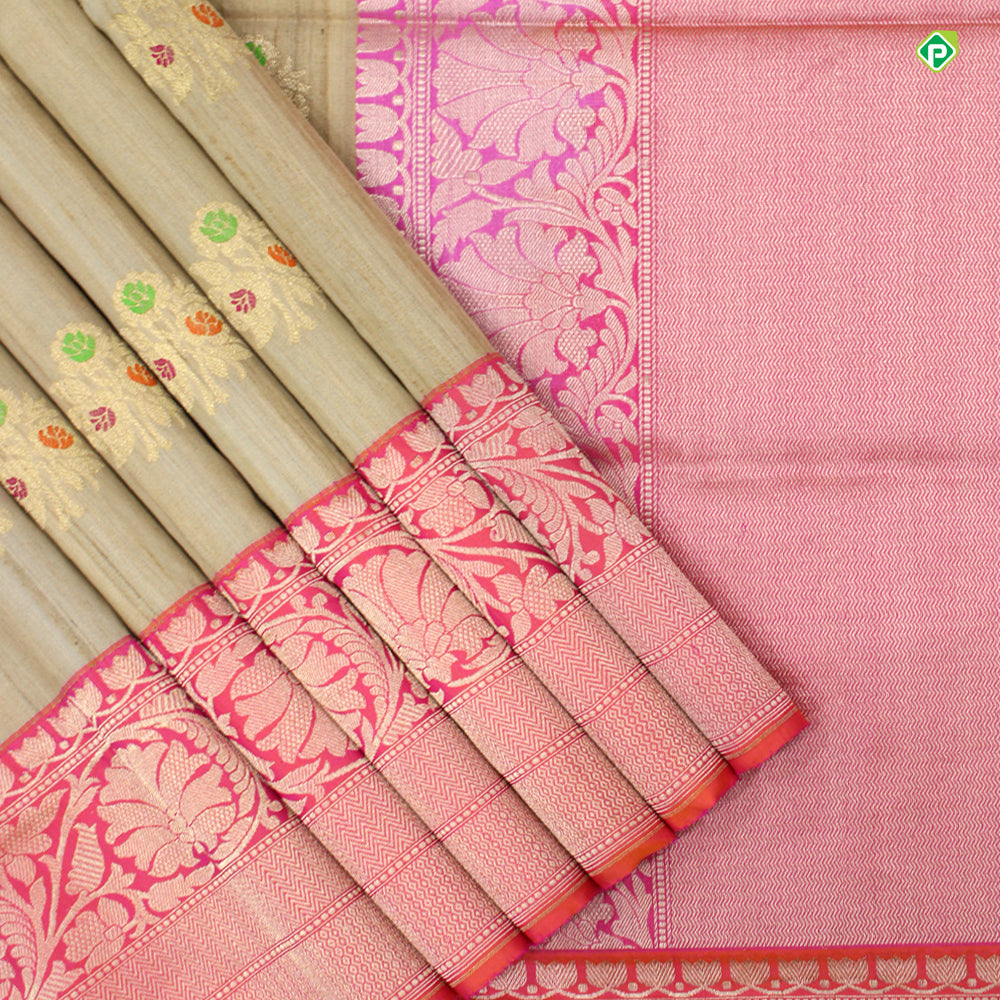 Beige With Peach Orange Colour Big Flower Motifs Banaras Silks Saree