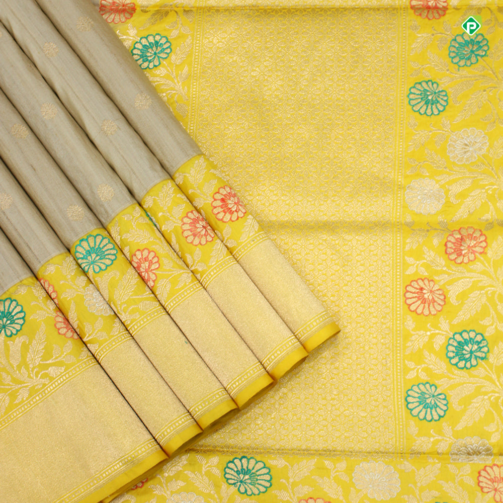 Beige With Corn Yellow Colour Small Flower Motifs Butta Banarasi Silks Saree