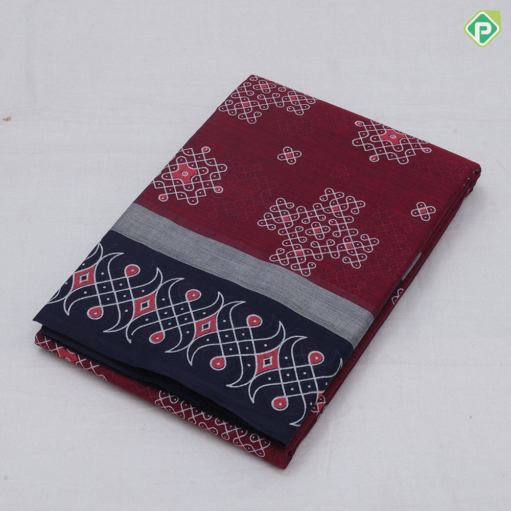 Marron Rangoli Design Dark Blue Border Trendy Fancy Saree