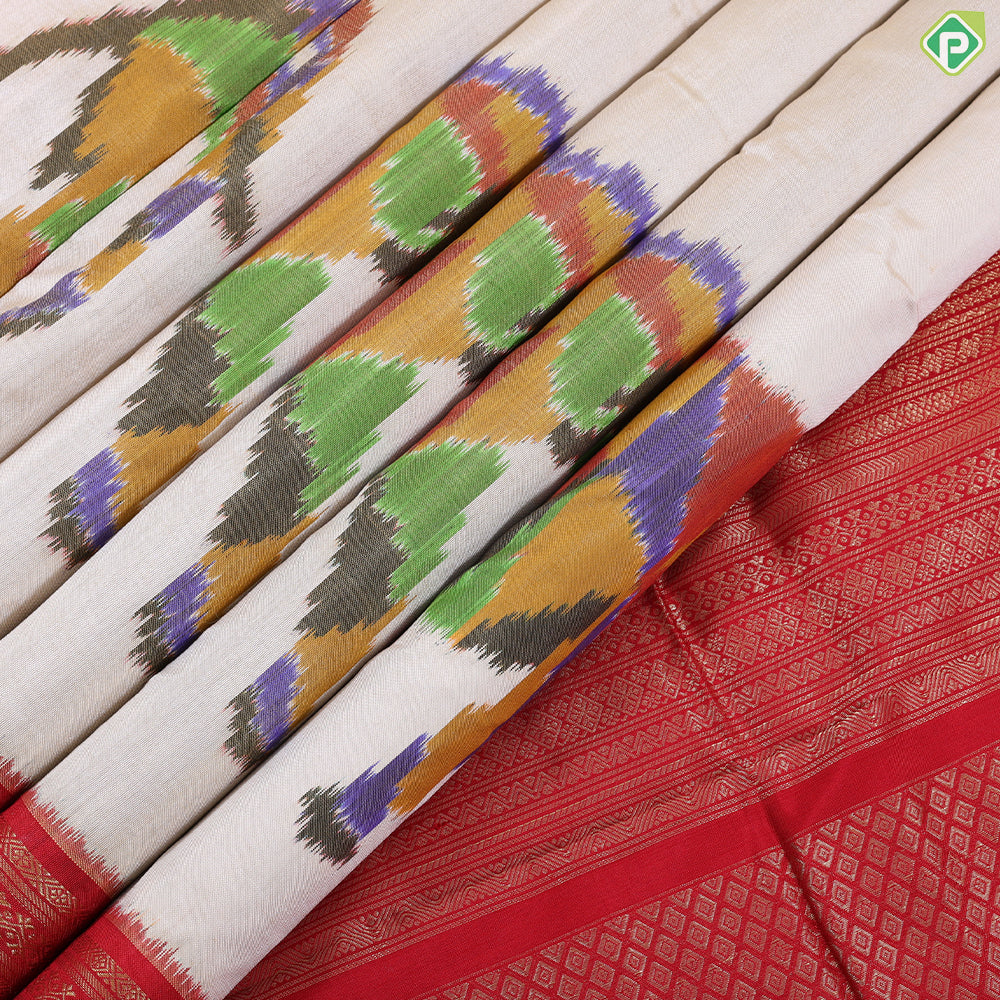 Cream white multicolor elephant ikkat design rani red gold zari multi lines border ikkat silk saree