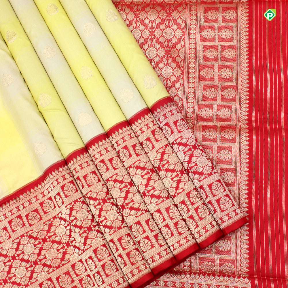 Lemon Yellow With Beige And Chilly Red Colour Small Thilagam Motifs Banarasi Silks Saree