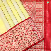 Lemon Yellow With Beige And Chilly Red Colour Small Thilagam Motifs Banarasi Silks Saree