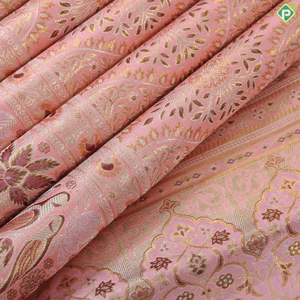 peach pink gold zari meena work grand design self border exclusive wedding silk saree