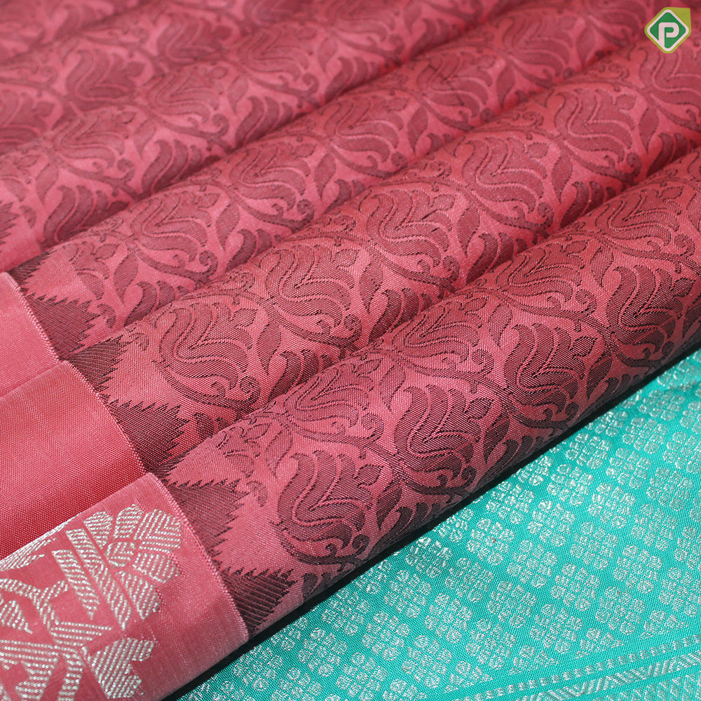 Peach Pink Thread Work Design With Mango And Thilagam Silver Border Trendy Silk Saree