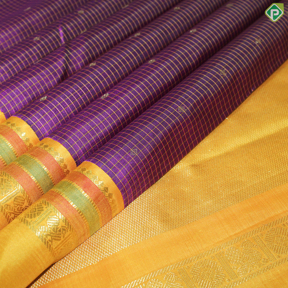 Rani Pink Checked Line Small Motifs And Peacock Design Border Traditional Silk Saree