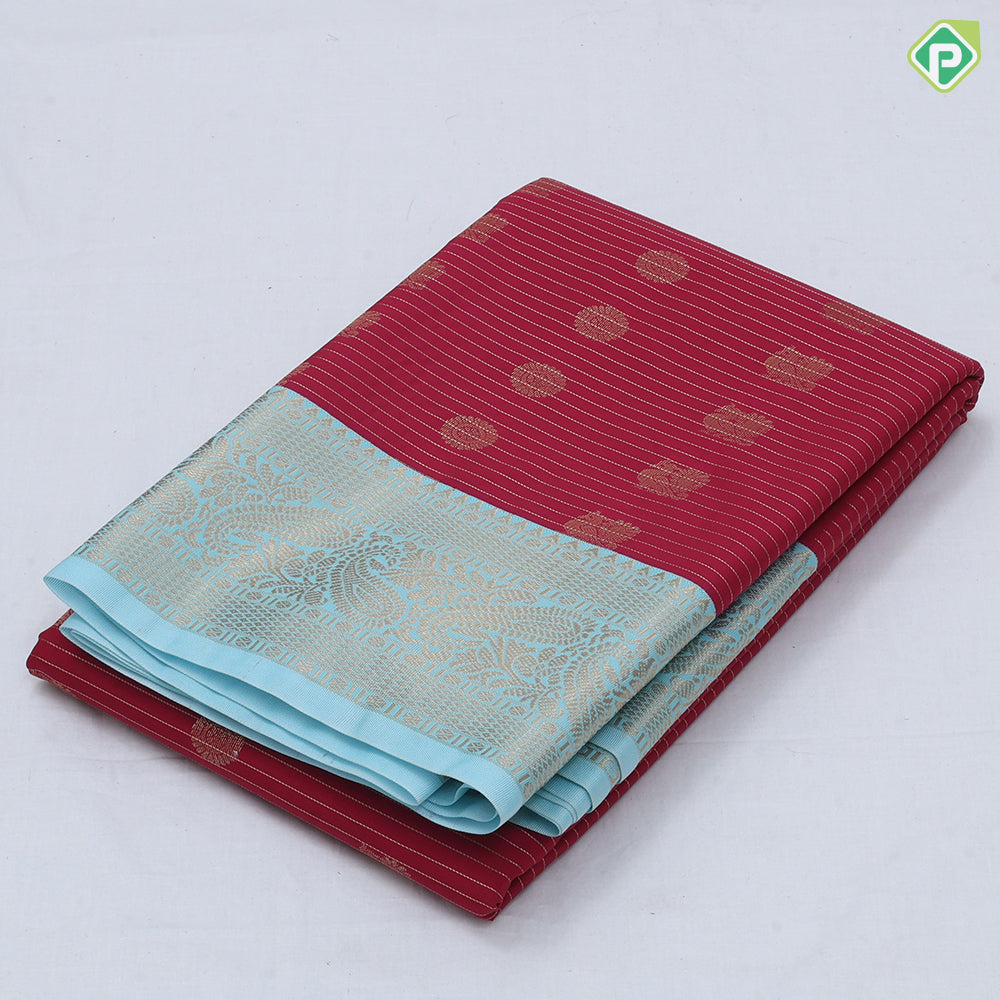 Chocolate brown gold zari peacock chakkaram butta stripes sky blue gold zari mango butta border art silk saree