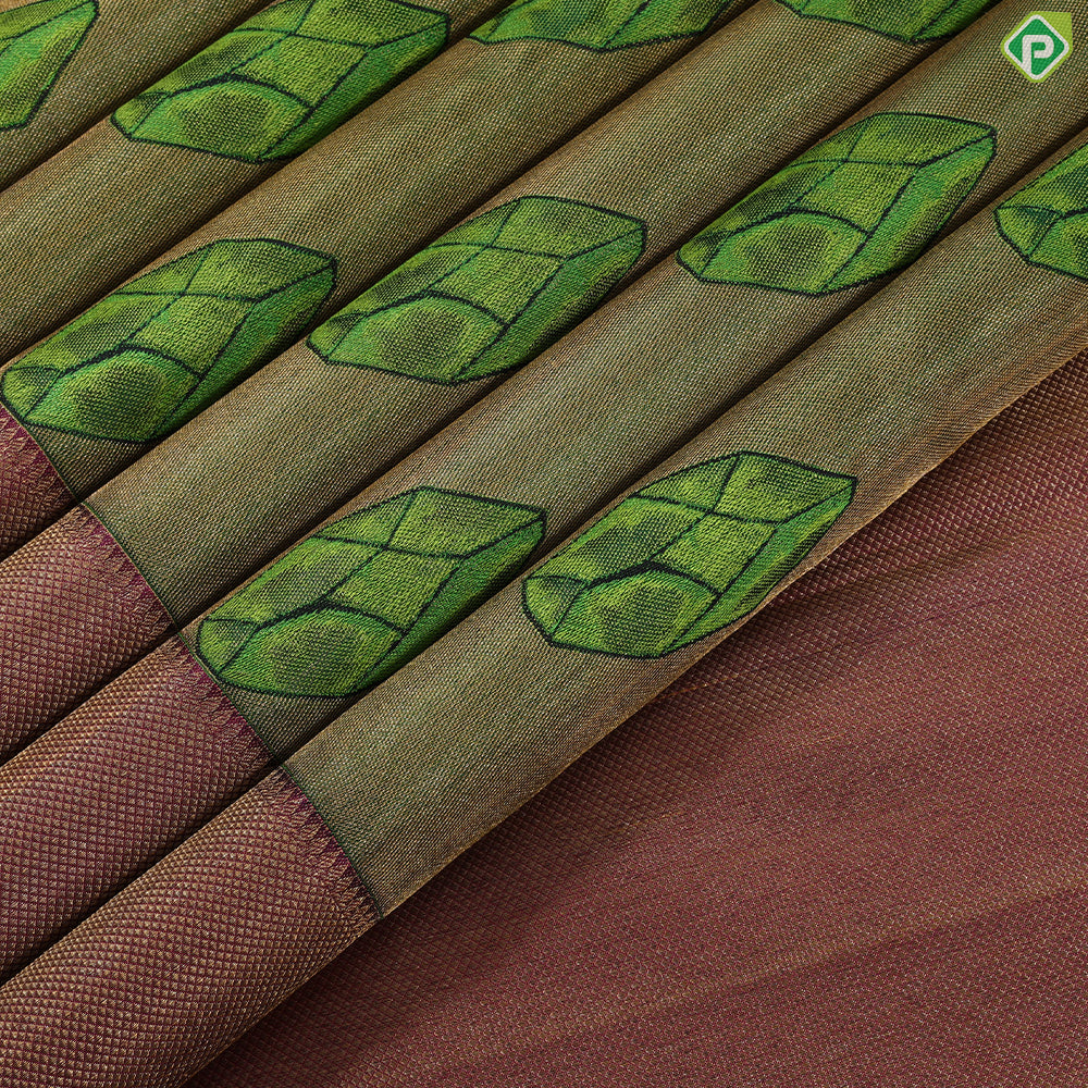 Olive green gold zari tissue weaved emerald silk butta design pink gold zari diamond border trendy tissue silk saree