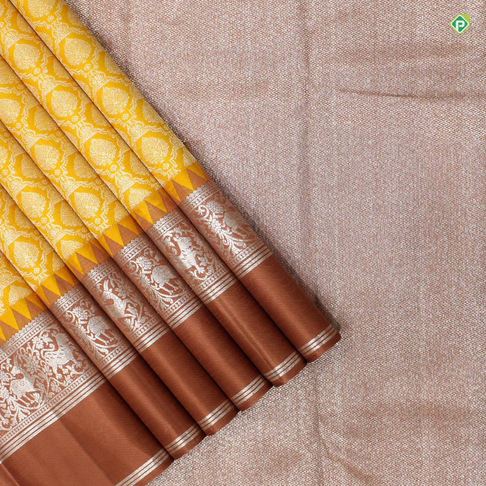 Corn Yellow With Brown Colour Thilagam Motifs Grand Wedding Silks Saree