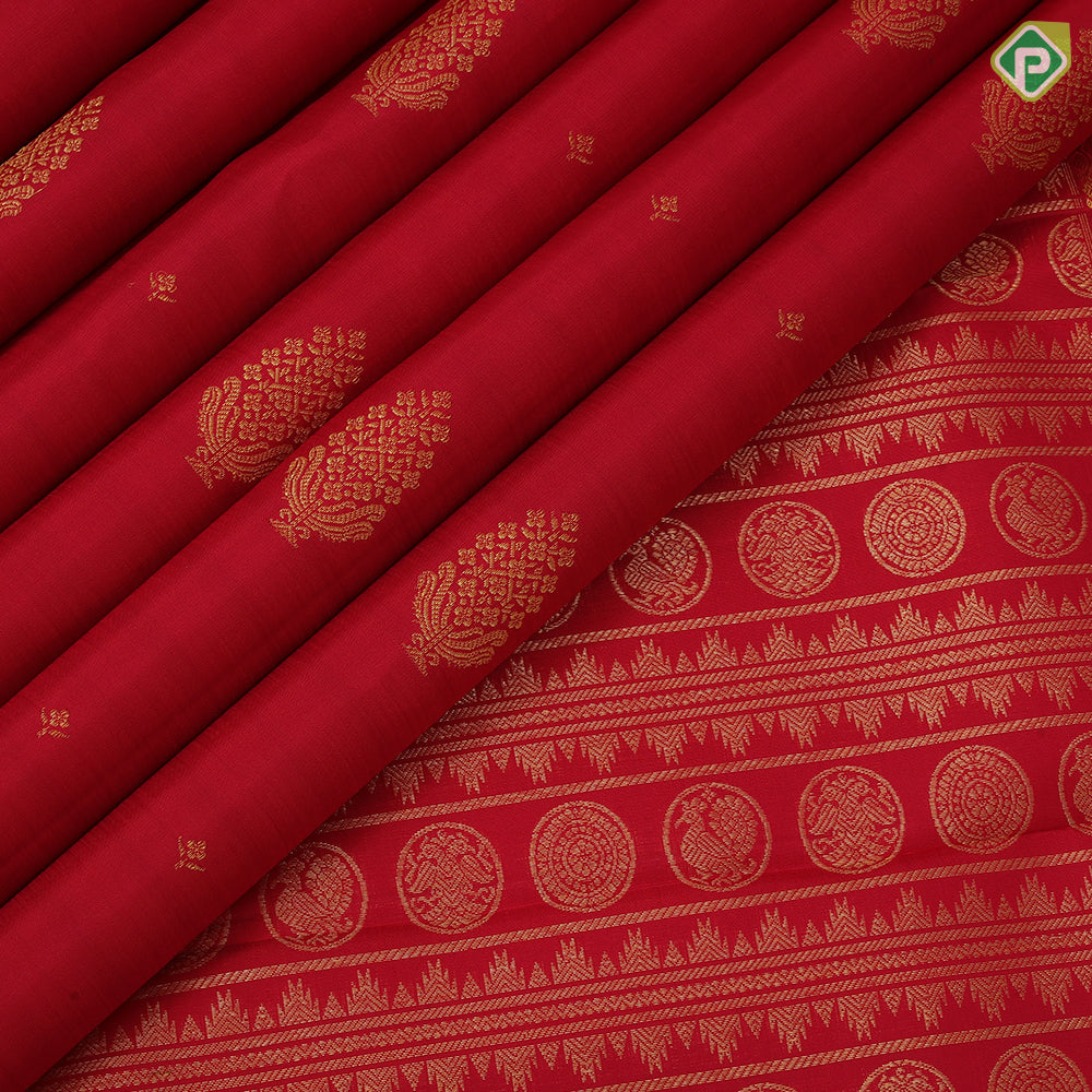 Tomato red gold zari thilagam and double gaja yaali butta self gold zari rettapattai border traditional silk saree