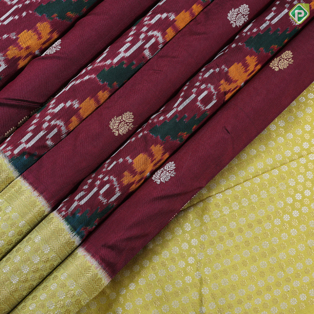 Wine maroon gold zari stripes ikkat design contrast kelly green silver gold zari flower butta border ikkat silk saree