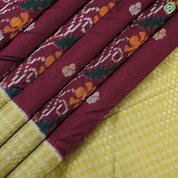 Wine maroon gold zari stripes ikkat design contrast kelly green silver gold zari flower butta border ikkat silk saree