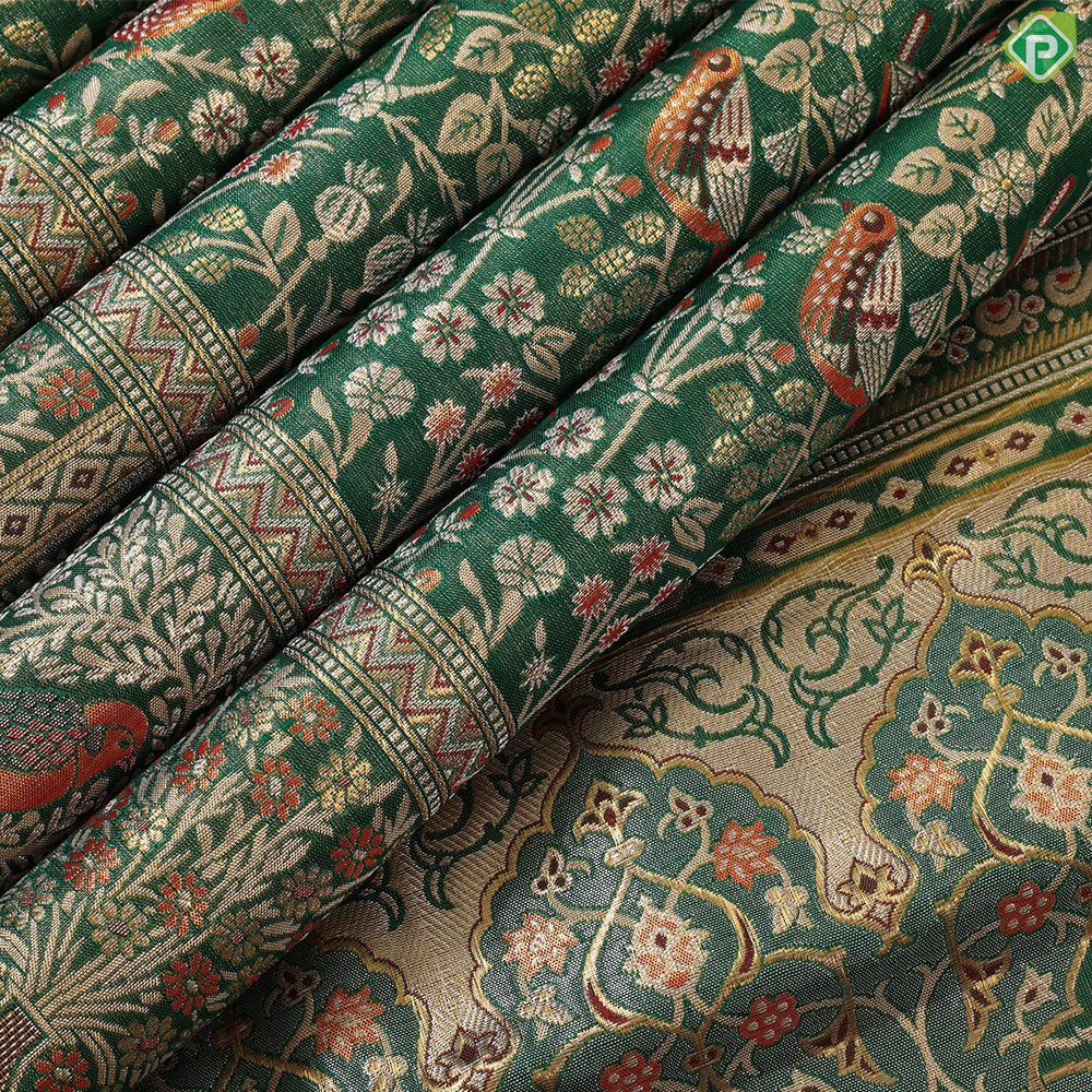 Peacock green Gold zari meena work design self gold zari sparrow border exclusive wedding silk saree