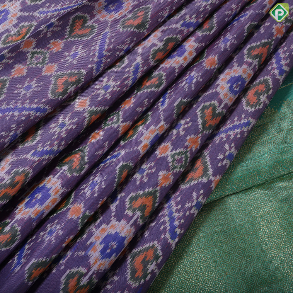 Lavender with multi color pochampalli design rexona green gold zari vanasingaram border Ikkat silk saree