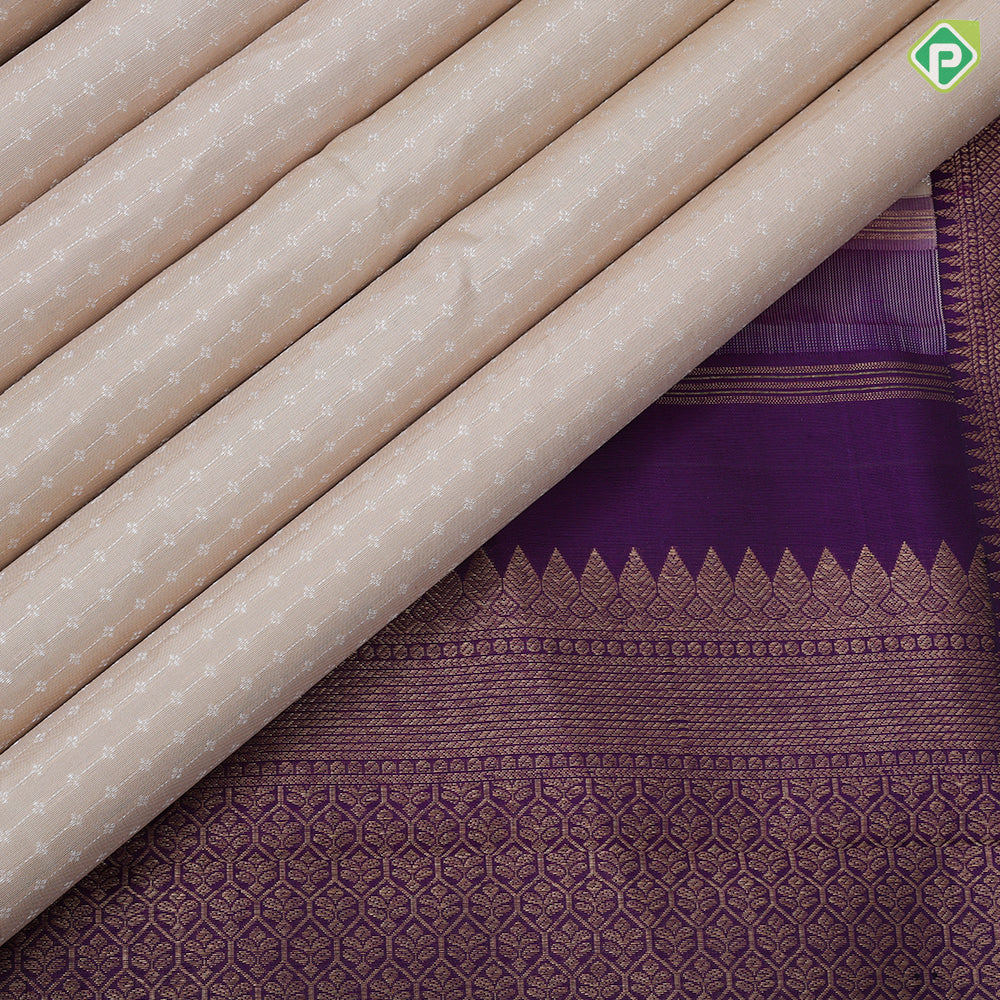 creamy peach silver zari beads stripes violet gold zari mango and floral border traditional silk saree