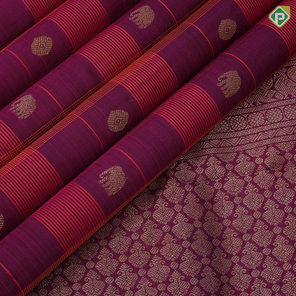 Purple pink base orange combo gold zari elephant chakkaram butta self god zari rettapet border traditional silk saree