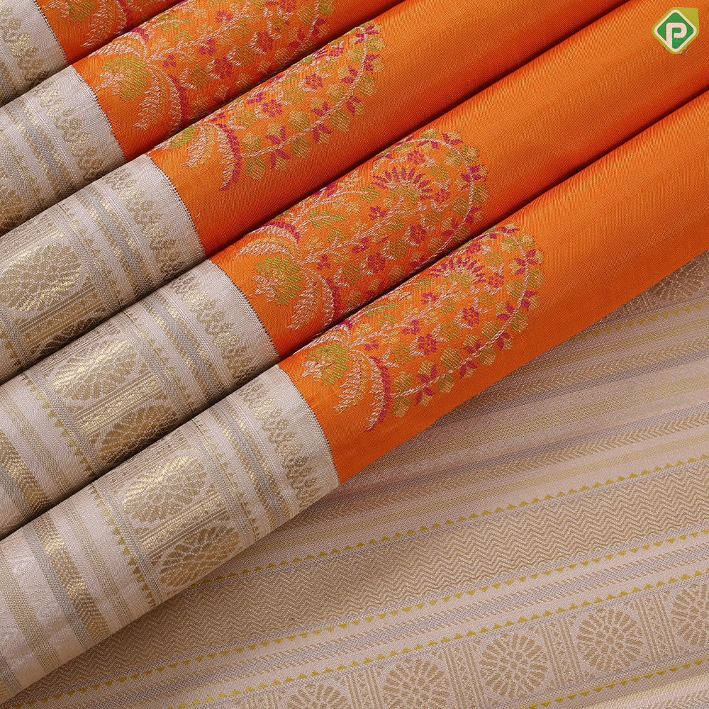 Honey orange thilagam butta meena work padded cream white border retro traditional silk saree