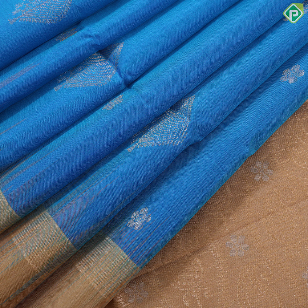 Rama Blue silver gold zari fancy square tree butta design contrast mustard gold zari border soft silk saree