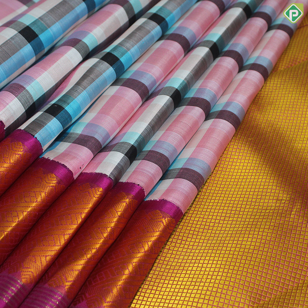 Multi Color Checked Gold Zari With Pink Vaira Oosi Lines Border Traditional Silk Saree