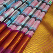 Multi Color Checked Gold Zari With Pink Vaira Oosi Lines Border Traditional Silk Saree