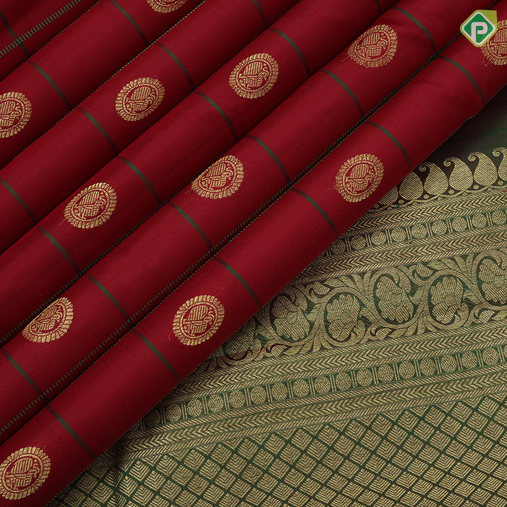 Chilly red silk thread padded gold zari stripe checks bottle green gold zari peacock border traditional silk saree