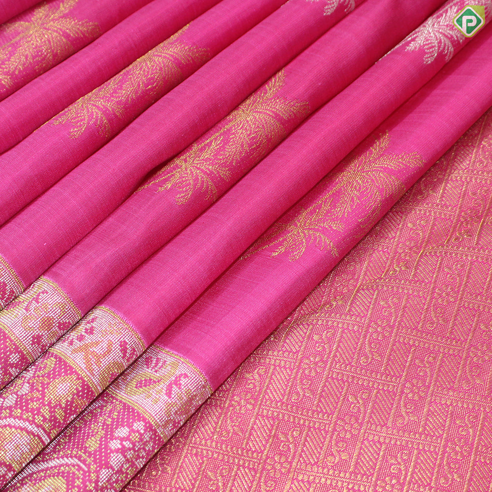 Dark Pink Gold And Silver Zari Coconut Tree Motif With Self Color Gold And Silver Zari Mango Design Border Traditional Silk Saree