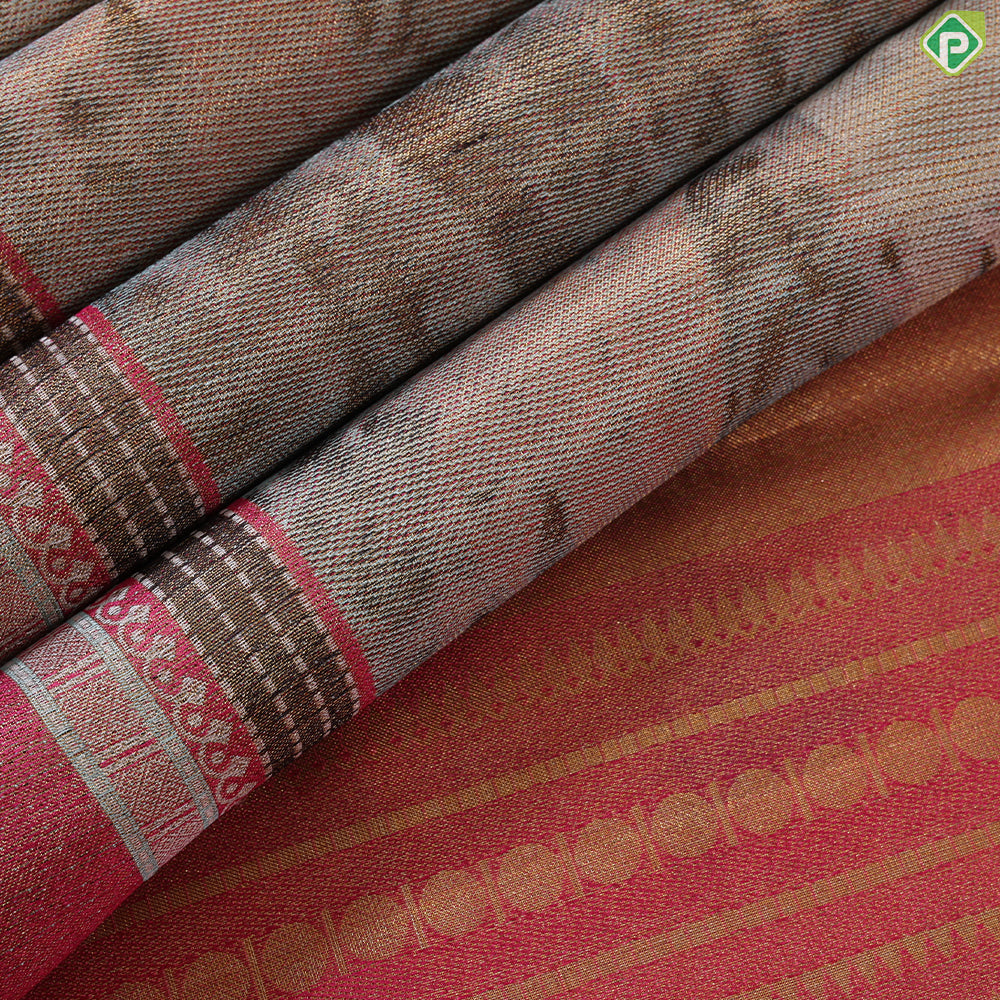 Multi color artistic Scenery effect weaved design dark onion pink plain border exclusive tissue silk saree