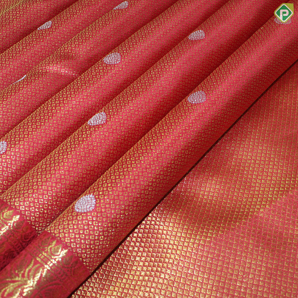 Rani Red With Gold Zari Small Circles and Silver Rudhraksham Self Colour Border Exclusive Bridal Silk Saree