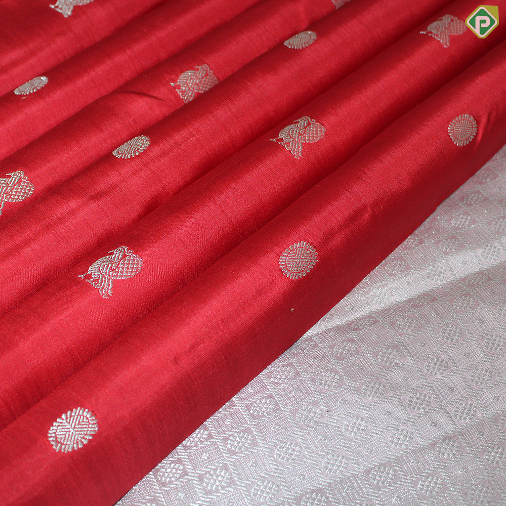 Sendoram Red Silver Zari Peacock Chakra Butta Silver Zari Edge Border Traditional Silk Saree