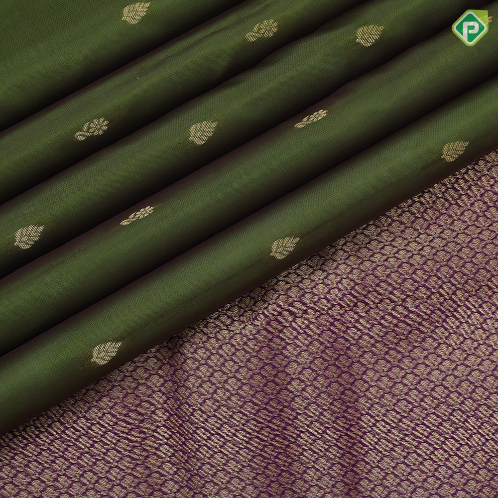 Leaf Green Gold Zari Thilagam Flower Butta Design Purple Floral Weave Border Design Pure Mix Silk Saree
