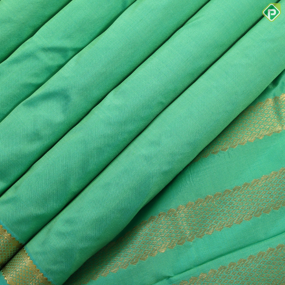 Rexona green plain weaved design self color gold zari edge border madisar 9 yards silk saree