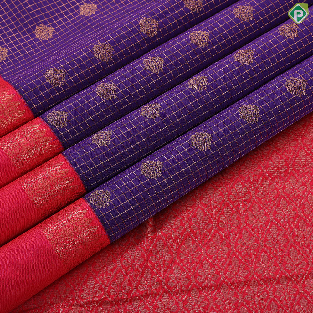 purple blue gold zari kattam and butta design contrast pink rettapet border art silk gift saree