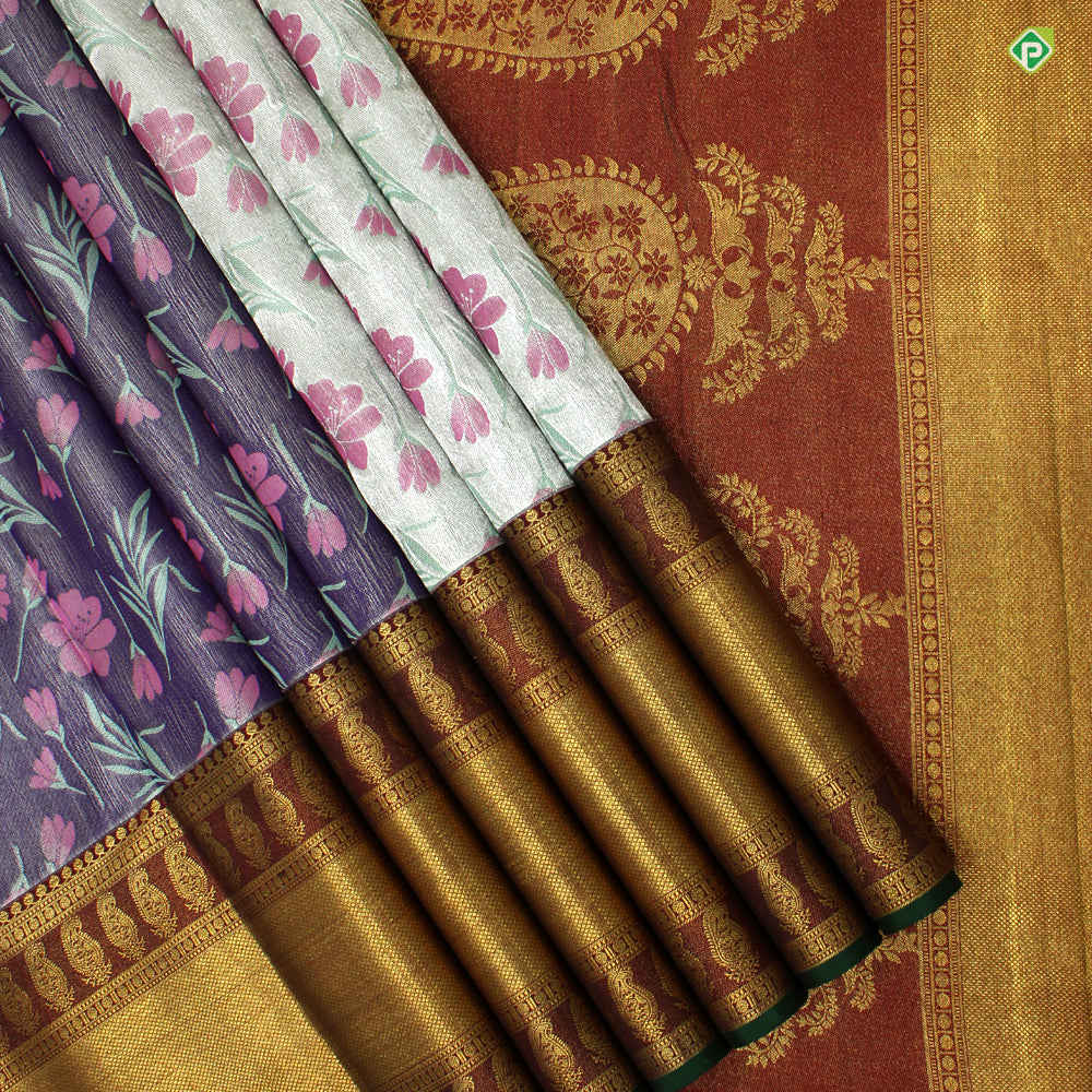 Silver Grey and Brick Red Grand Wedding Silk Saree with Floral Meena Work Motifs