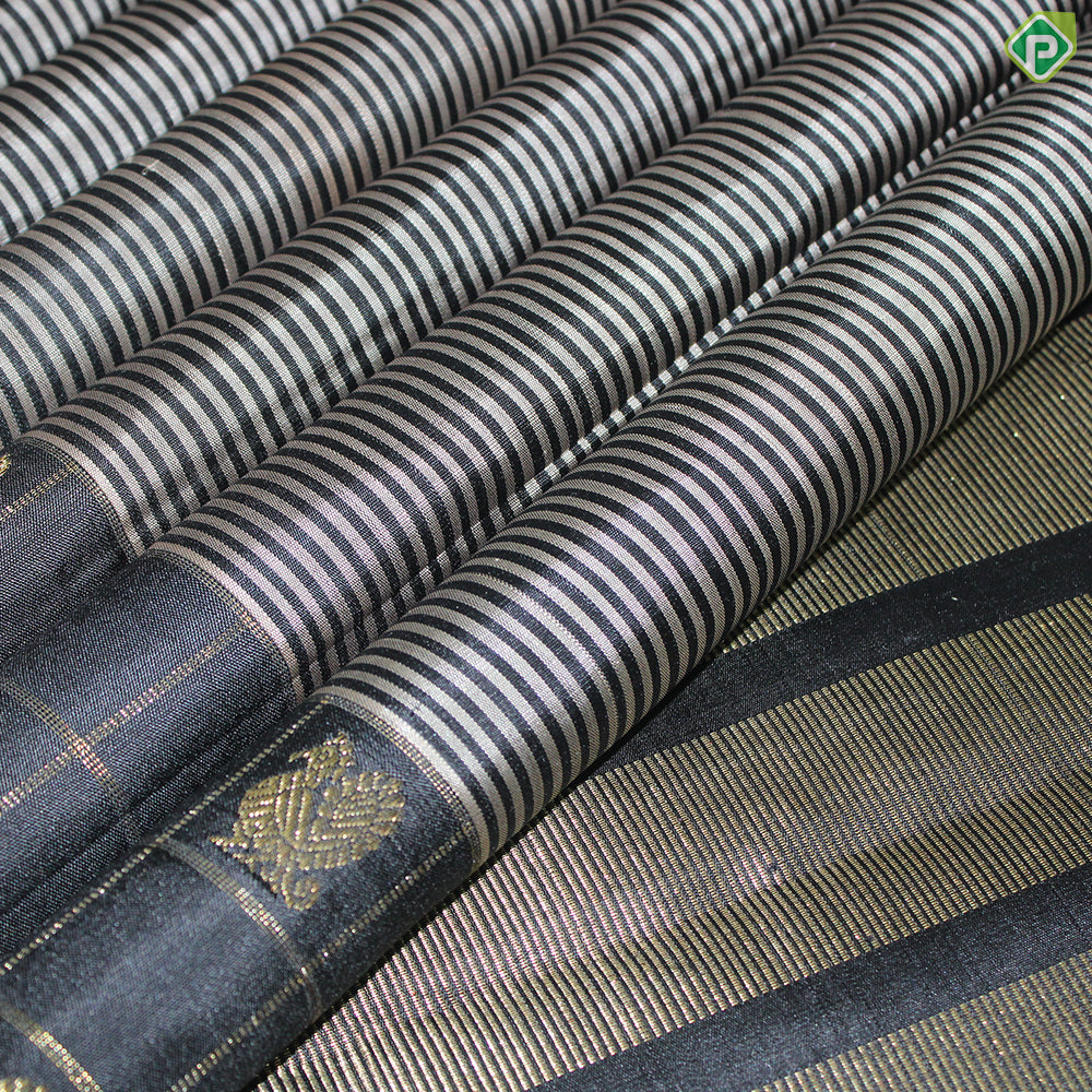 Gray And Block Color Lines Gold Zari With Block Color Peacock Chakaram Design Traditional Silk Saree