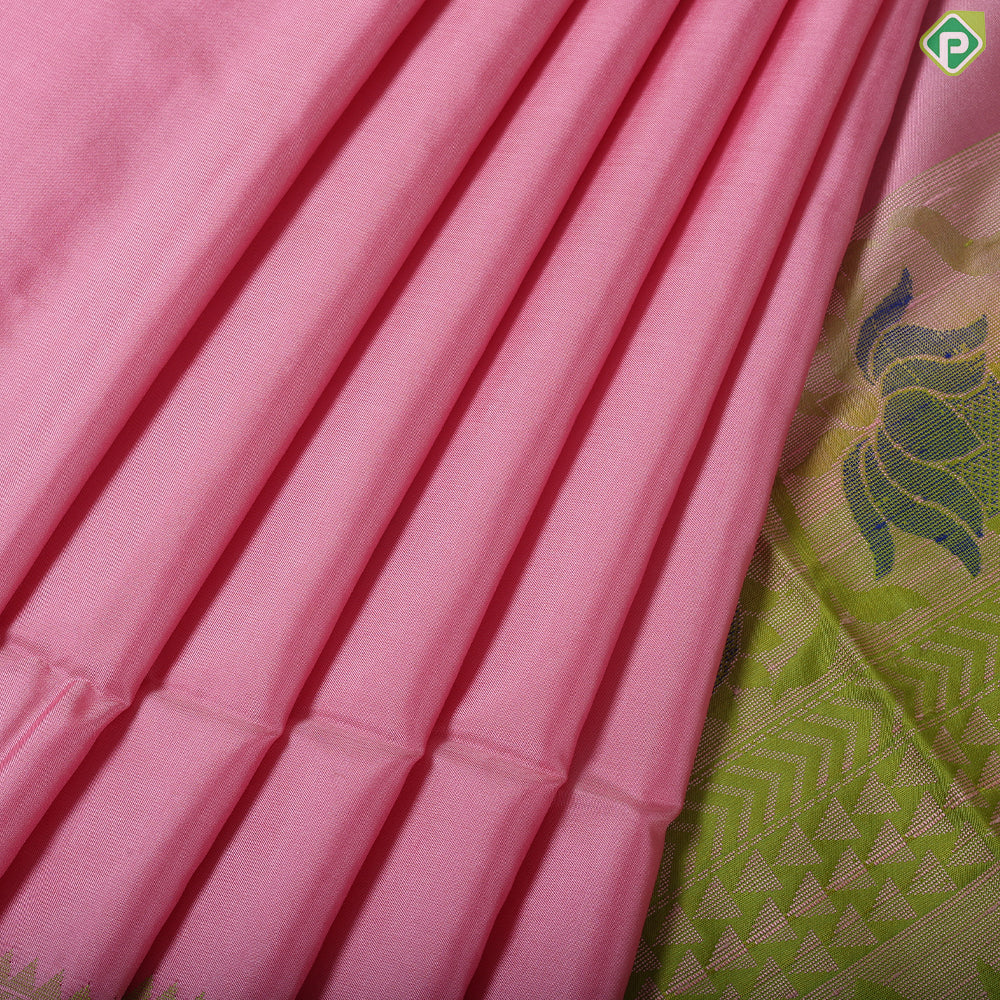 Baby Pink Plain weaved silver zari padded flower design border soft silk saree