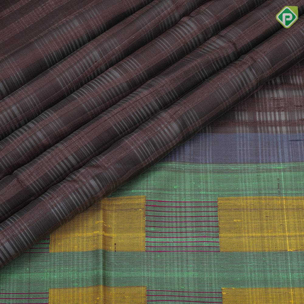 Chocolate brown self lines design borderless multi color pallu concept soft silk saree