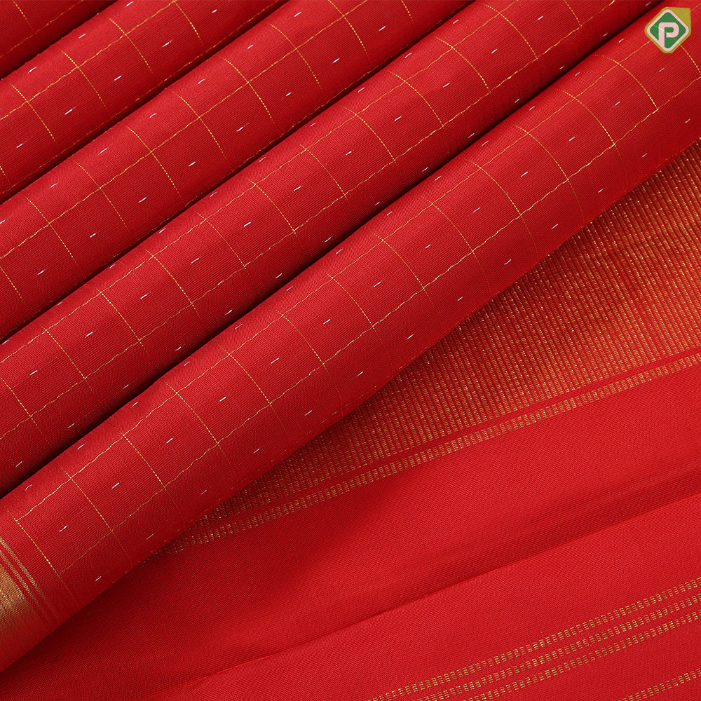 Brick red gold zari mid dotted Checkered design and self gold zari edge border traditional silk saree