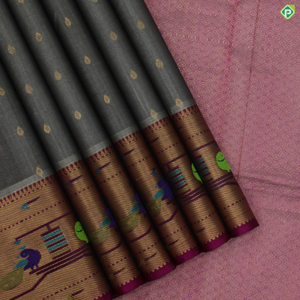 Steel Grey With Magenta Pink Colour Paithani Border Motifs Tissue Kuppadam Silk Cotton Saree