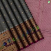 Steel Grey With Magenta Pink Colour Paithani Border Motifs Tissue Kuppadam Silk Cotton Saree