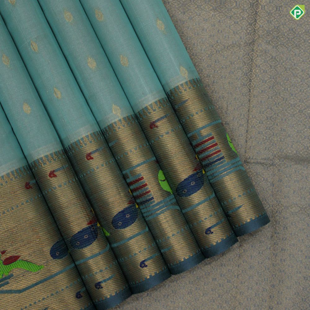 Sea blue With Blueish Grey Colour Paithani Work Border Tissue Kuppadam Silk Cotton Saree